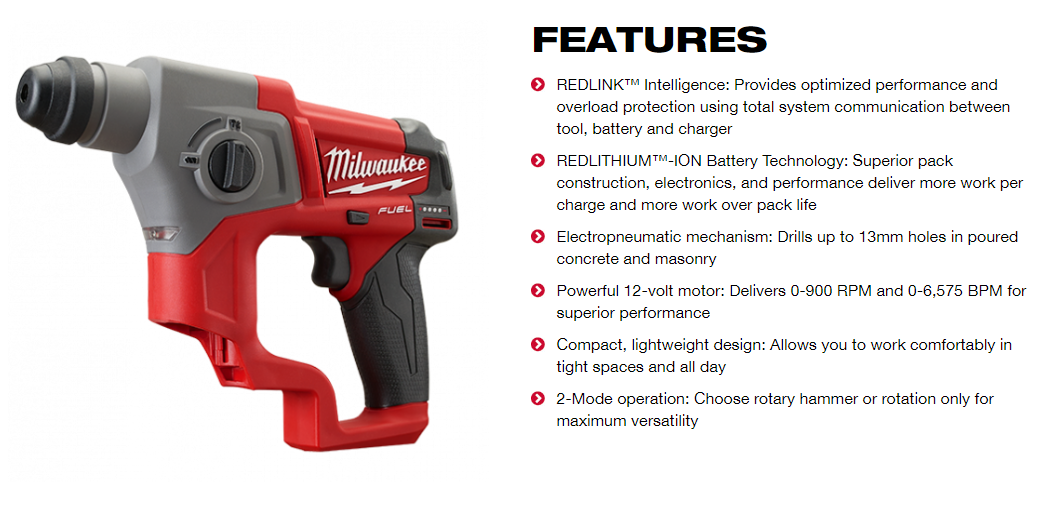 MILWAUKEE M12 CH0 BARE TOOLS 13mm ROTARY SDS PLUS HAMMER